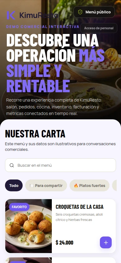 La misma carta de KimuResto en un teléfono